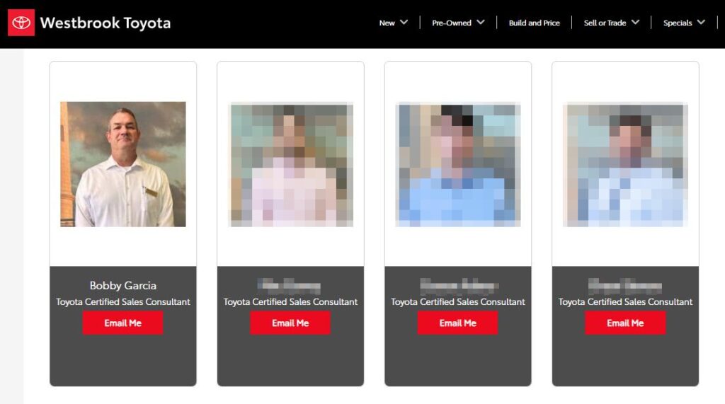 A section of the staff listing from the Westbrook Toyota website. In a row of four employees, three are graphically redacted, and one is Bobby Garcia of Killingworth CT.