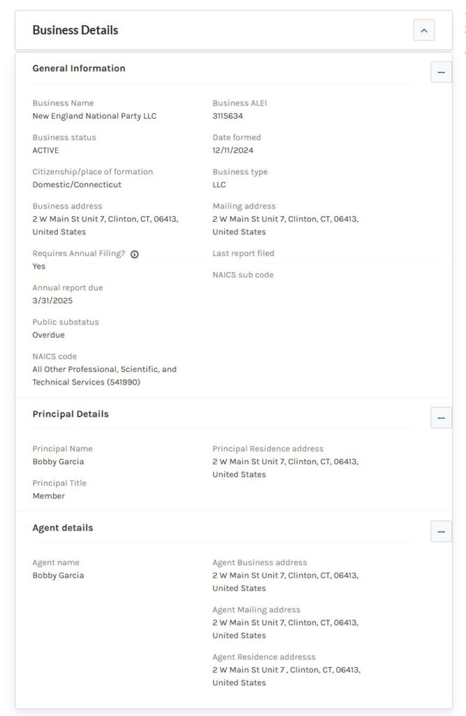 A screenshot of the corporation database entry for the New England National Party in the CT State website. Formed on December 11th, 2024, it's address is listed as 2 W. Main St, Clinton CT. The principal and agent are both listed as Bobby Garcia.