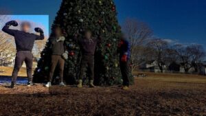 A photo of four white men in boxing gloves posing in front of a Christmas tree erected in or near Lion's Park of Plainfield CT during February 2025. One of them, highlighted, wears what appear to be black Adidas trainers, charcoal training pants, a black hoodie, and black boxing gloves. He has dark hair. He flexes his biceps in the standard strongman pose, his hoodie concealing his arms. One of the members, second from the right, appears to be Patriot Front member Mark Hayden of Spencer MA.