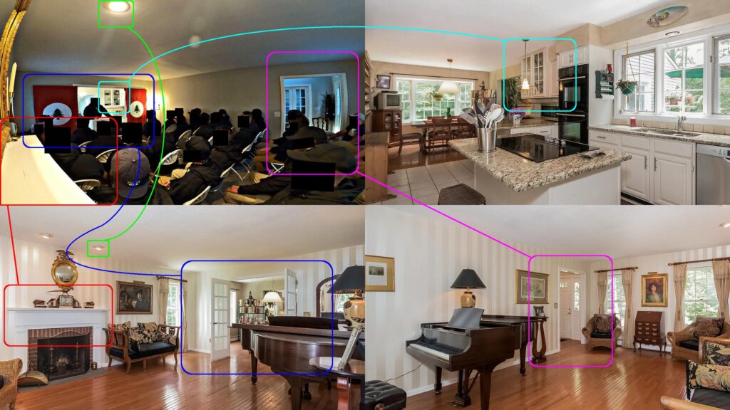 A composite image comparing three Zillow listing photos of Bobby Garcia's home in Killingworth CT to a photo of an NSC-131 members ceremony taken during November 2023, all taken inside a den at the front of the home or in adjoining rooms. Five separate portions in the latter photo are highlighted in various colors, with matching regions in the Zillow listing photos circled in comparison. These regions include: a fireplace mantle, circled in red; recessed lighting over the mantle, in green; a set of windowed double doors into the kitchen at the back, in blue; a set of mounted kitchen cabinets visible through said back doors, in cyan; and windowed double doors into the entrance hall and a nearby lightswitch, in magenta. In the NSC-131 photo, the floor has been cleared to accommodate a six-by-seven folding chair setup. The chairs are largely occupied by neo-Nazis dressed in black. At the rear of the room, another black-clad neo-Nazi stands behind a podium, apparently addressing the group. The double doors have been opened, with the kitchen visible behind. Over the doors are hanging a pair of New England independence sashes styled akin to Nazi banners; that is, red field, white circle, and what seems like the pine tree symbol used on the Massachusetts naval ensign in black.