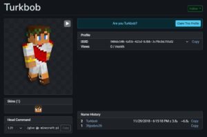 A screenshot of a Name MC profile, belonging to a Minecraft player going by the username "Turkbob". It features a Minecraft character skin, that of a man wearing a Roman senator outfit: a white toga, gold bracelets, laurels resting on the ears, sandals, and a crimson sash around the body hanging from one shoulder. The profile page also logs previous usernames, which includes "26joebro26".
