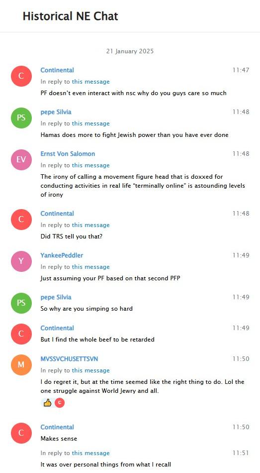A screenshot of a Telegram log. Depicting the "Historical New England Chat" on December 21st, 2024, "Nick" argues against other chat members about the use of the feud between NSC-131 and Patriot Front, viewing it dimly. Chris Hood responds, claiming he regretted it, but that it seemed like "the right thing to do."