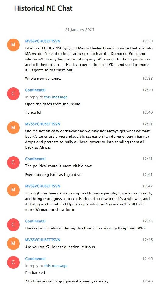 A screenshot of a Telegram log. Depicting the "Historical New England Chat" on December 21st, 2024, Chris Hood talks more-or-less about how the Overton Window has shifted so far rightward that neo-Nazis can actually insert themselves into Republican politics. "Nick" replies in the affirmative. Hood takes an interest in "Nick", asking if he has a Twitter account.
