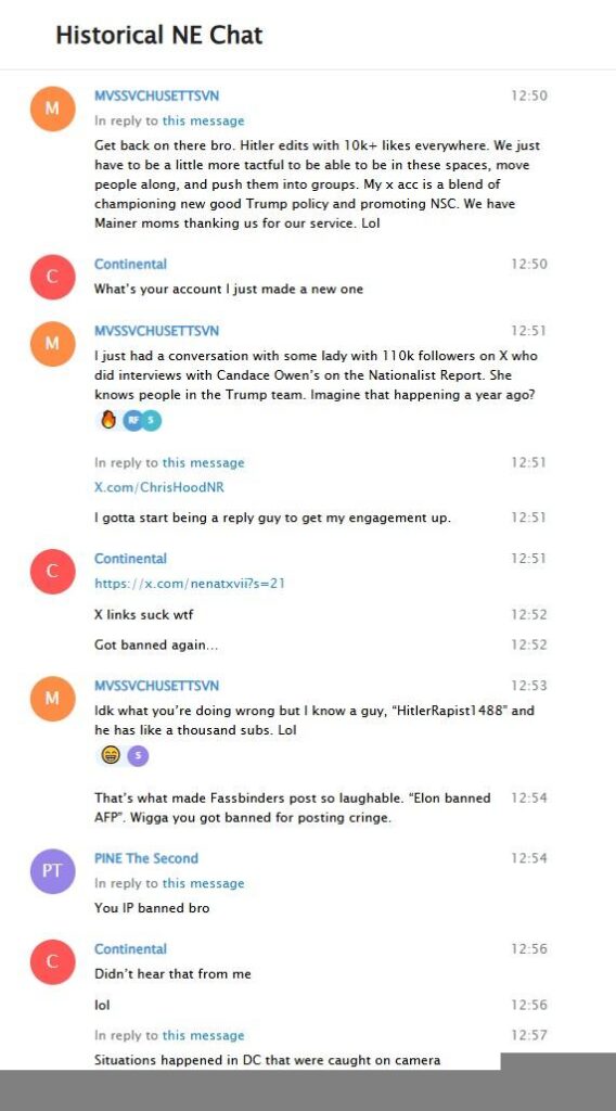 A screenshot of a Telegram log. Depicting the "Historical New England Chat" on December 21st, 2024, Chris Hood encourages "Nick" to get back on Twitter in spite of his various account bans.