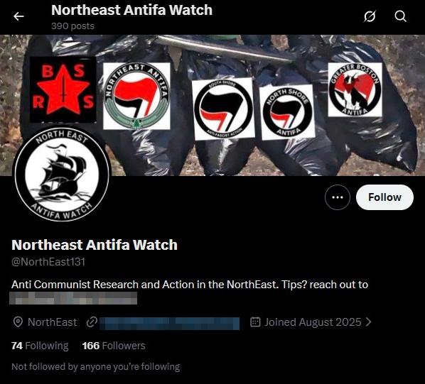 The header of a Twitter profile for user @NorthEast131. The account bio describes itself as "Anti Communist Research and Action in the NorthEast," and asks for tips. The profile header is a series of garbage bags, each superimposed with the Twitter profile icon of a different defunct New-England-based antifascist group.