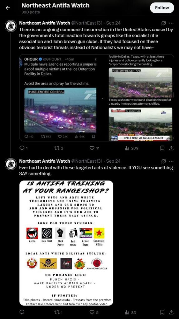 A screenshot of a Twitter post dated September 24th, 2025, from the Northeast Antifa Watch account. It claims an "ongoing communist insurrection in the United States caused by the government's total inaction" toward groups like the Socialist Rifle Association and John Brown Gun Clubs. He continues whining that law enforcement focused on nationalists instead of leftist gun orgs.