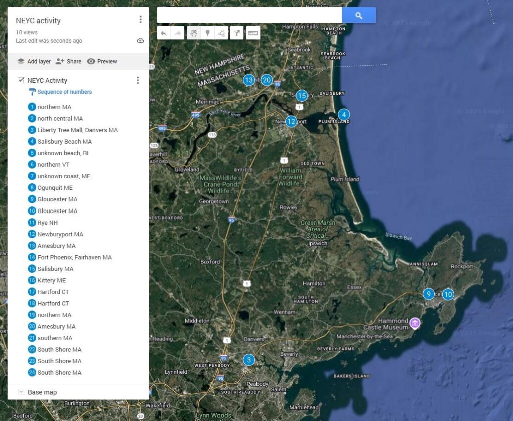 A map of Massachusetts tracking New England Youth Club activity from February 2025 to the present, zoomed into Essex County. Again, two points in Gloucester MA and one in Danvers MA. Two points mark Amesbury MA, one marks Newburyport MA, one marks Salisbury MA, and one marks Salisbury Beach.