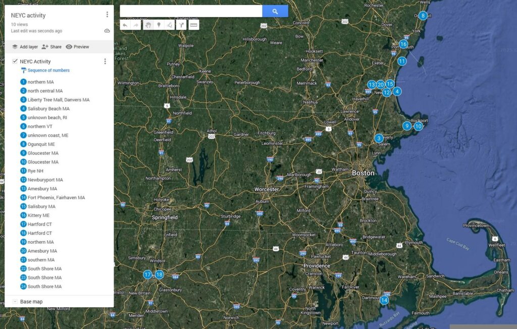 A map of Massachusetts and surrounding areas of New England, tracking New England Youth Club activity from February 2025 to the present. A sidebar superimposed over the map is labeled for 24 separate points, some corresponding to general regions that do not have accompanying map points, and others that correspond with municipalities. Two points each are over Hartford CT and Gloucester MA. There are one each over Ogunquit ME, Kittery ME, Rye NH, Danvers MA, and Fairhaven MA. The rest are largely concentrated in an area around Newburyport and Amesbury MA.