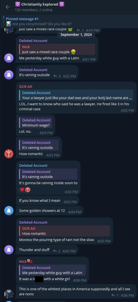 A screenshot of the Christianity Explored Telegram discussion chat, dated September 1st, 2024. "Nick" complains about continually encountering interracial couples in "one of the whitest places in America supposedly."