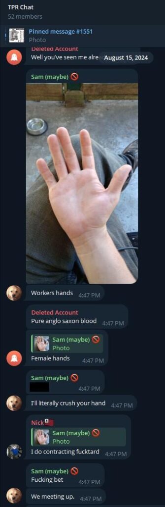A screenshot of the Third Position Radio discussion chat on Telegram, dated August 15th, 2024. "Nick", claiming he does "contracting," calls the bluff on someone claiming their own hands are "workers' hands" after posting a photo of relatively unblemished and non-calloused hands.