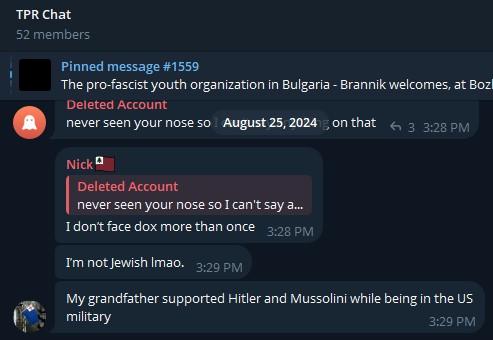 A screenshot of the Third Position Radio discussion chat on Telegram, dated August 25th, 2024. "Nick" claims that he doesn't post photos of his own face to Telegram channels "more than once".