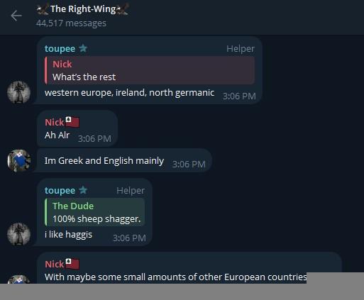 A screenshot of the "The Right-Wing - American Conservative" discussion chat on Telegram. "Nick" discloses he is mainly "Greek and English, with maybe some small amounts of other European countries."