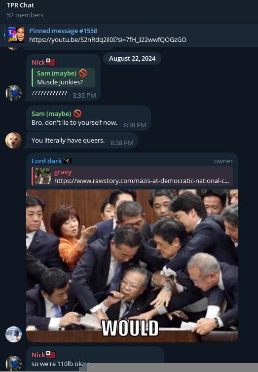 A screenshot of the Third Position Radio discussion chat on Telegram, dated August 22nd, 2024. "Nick" claims he is 110 pounds in weight.