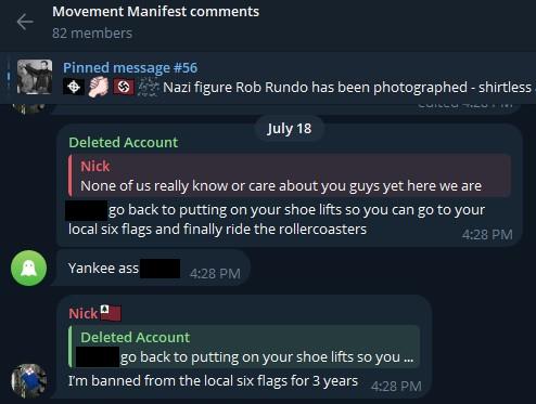 A screenshot of the Movement Manifest discussion chat on Telegram, dated July 18th, 2025. "Nick" claims that he is banned from his local Six Flags for 3 years, in reply to someone telling him to put on shoe lifts so he can go to Six Flags and finally ride the rollercoasters.