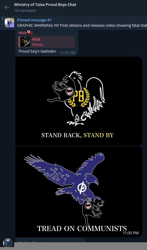 A screenshot of the Ministry of Tulsa Proud Boys Chat on Telegram. "Nick" uploads a handful of images of fascist-coded animals, including the Proud Boy rooster and the eagle from the Vanguard America logo, attacking the same antifascist cat image. The Proud Boy image is marked "Stand Back, Stand By." The Vanguard America image is marked "Tread on Communists."