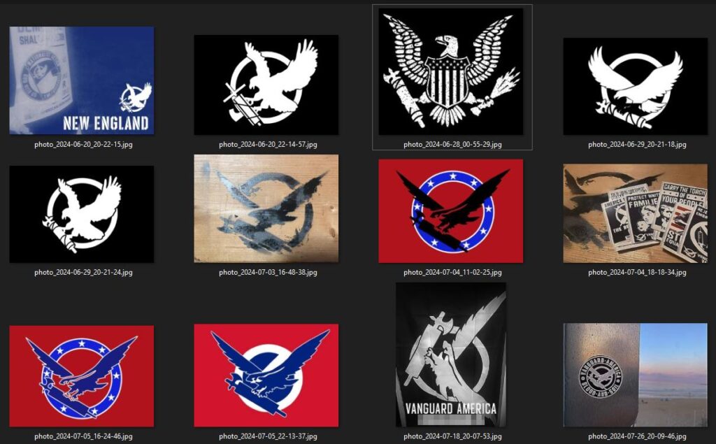 An array of various images "Nick' has slapped together, consisting of his various riffs on the Vanguard America logo. The VA logo depicts and eagle swooping down on a fasces and clutching it in its talons. They consistently fail to convincingly convey how an eagle's talons would grasp a bundle of sticks. A handful are direct lifts of the VA logo from its flag; they have been processed to the point some details are lost, like the eagle's beak. One appears to be a take of his own, poorly graffitied onto a wood panel via a stencil.