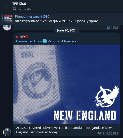 A screenshot of the Third Position Radio discussion chat on Telegram, dated June 20, 2024. "Nick," forwarding a post from a Vanguard America Telegram channel, claims that "activists covered subversive Iron Front propaganda in New England." The accompanying photo was post-processed so heavily that the only visible thing is a Vanguard America promat sticker over a "democracy shall never perish" poster, in an otherwise murky blue void.