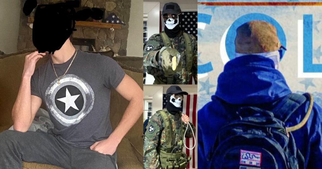 Four images that are allegedly of "Nicholas Massachusetts", member of Patriot Youth and the New England Youth Club, at various points in his life. The first, supposedly an "old" photo, is of a young white man of slender build sitting on a couch. He wears black pants, a charcoal t-shirt with a monochrome Captain America emblem on the chest, and a small gold cross on a thin chain. His face has been redacted. His left hand is in a fist on his hip, and his right elbow rests on his thigh. His pose is similar to the "Smug Frog" Pepe meme, where the fingers and thumb are closed to form a loop or a triangle, and his fingertips rest close to his chin. The second and third images are allegedly of him, wearing a flecktarn camo field uniform, a skull-pattern half-mask gaiter, aviator sunglasses, a black baseball cap with a velcro mount on the front, and an Atomwaffen patch on his right sleeve. Shot in what appears to be a hallway looking into a room, an American flag hangs on the wall behind him. In one image, he holds what appears to be a knife, while wearing what appear to be armored motorcycle gloves. In the other, he has a noose slung over his shoulder, while barehanded. In the final image, someone alleged to be Nick stands, back to the camera, framed from the ribs up, overlooking... something. He is in the standard Patriot Front uniform: blue overshell jacket, white gaiter, and tan baseball cap. He also wears a hydration backpack with a "Divided We Fall" segmented snake patch on it.
