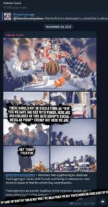 A heavily defaced screenshot of a Telegram post from the Patriot Front channel. The post has several photos of members eating meals with family, and at least one photo of Patriot Front founder Thomas Rousseau probably making a speech. There are several remarks graffitied over various parts of the post and its photos, including "There should not be such a thing as 'why yes we have has sex with women, here are our children on this hate group's social media as proof' energy but here we are," "hey Tommy fuck you," and "shut up shut up shut up this is not what we mean when we say white noise machine shut up shut up."