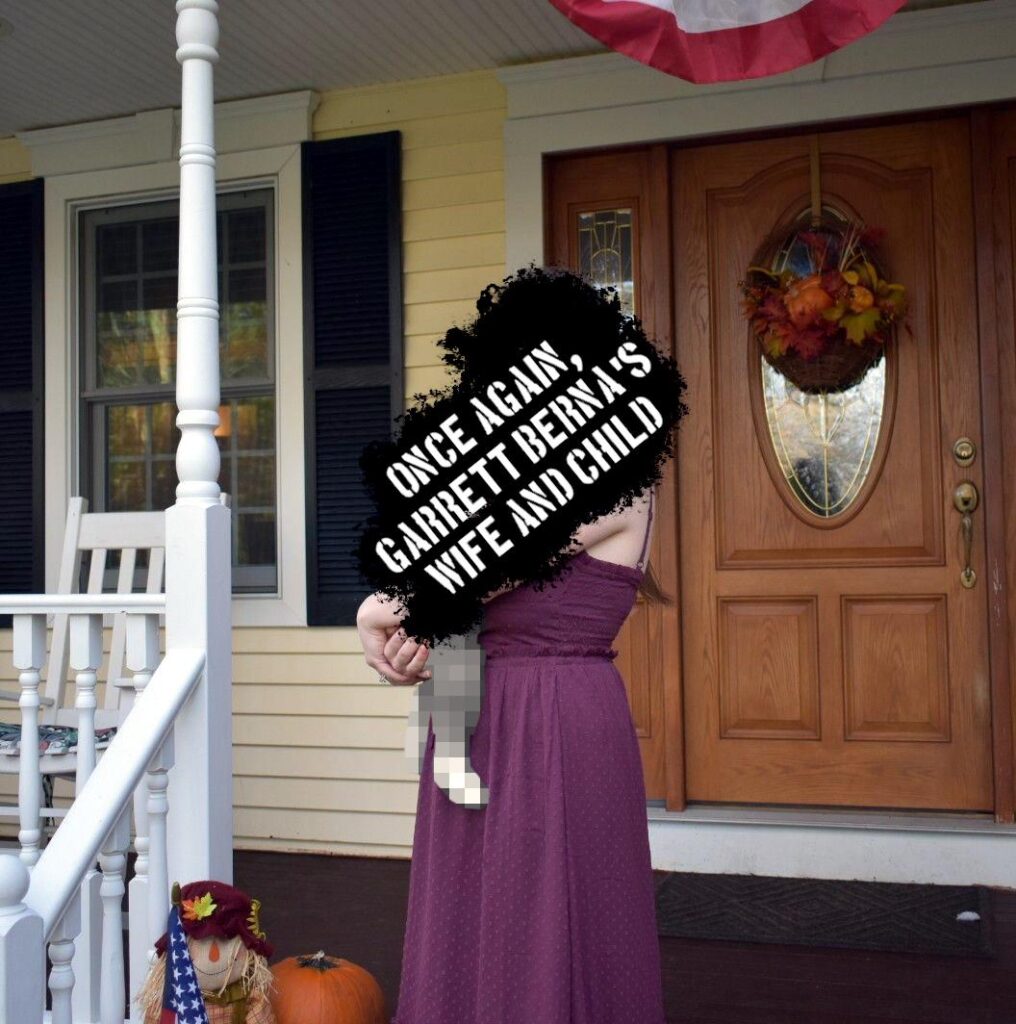 A photo of Garrett Berna's wife and their child on the front porch of an unknown house. Their faces have been redacted. It is obviously the same house as in the photo with the Haydens.