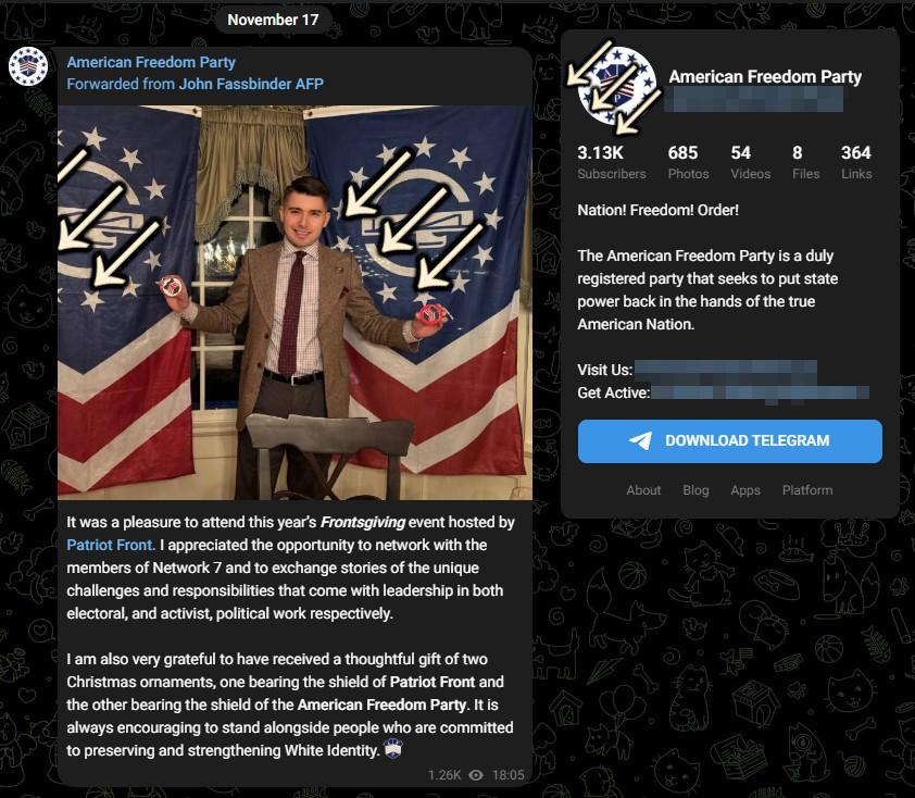 A screenshot of a Telegram post dated November 17th, 2025. There is a photo attached of Jonathan "John Fassbinder" Magnano, standing between two Patriot Front flags, hung astride a window with a ruffled green valence. He proudly holds... a pair of coasters? The text of the post mentions having attended a "Frontsgiving" hosted by Patriot Front and having been given gifts. Various fascist symbols in the screenshot have been defaced with the three arrows.