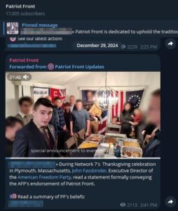 A screenshot of the Patriot Front Telegram channel, dated December 29th, 2024. The post depicted involves the Network 7 Frontsgiving in Plymouth MA. Various members and their family, faces blurred, stand around a table adorned with various Thanksgiving foodstuffs. In the foreground is Jon Magnano, looking toward the camera as he ramps up to make a speech that sucks.