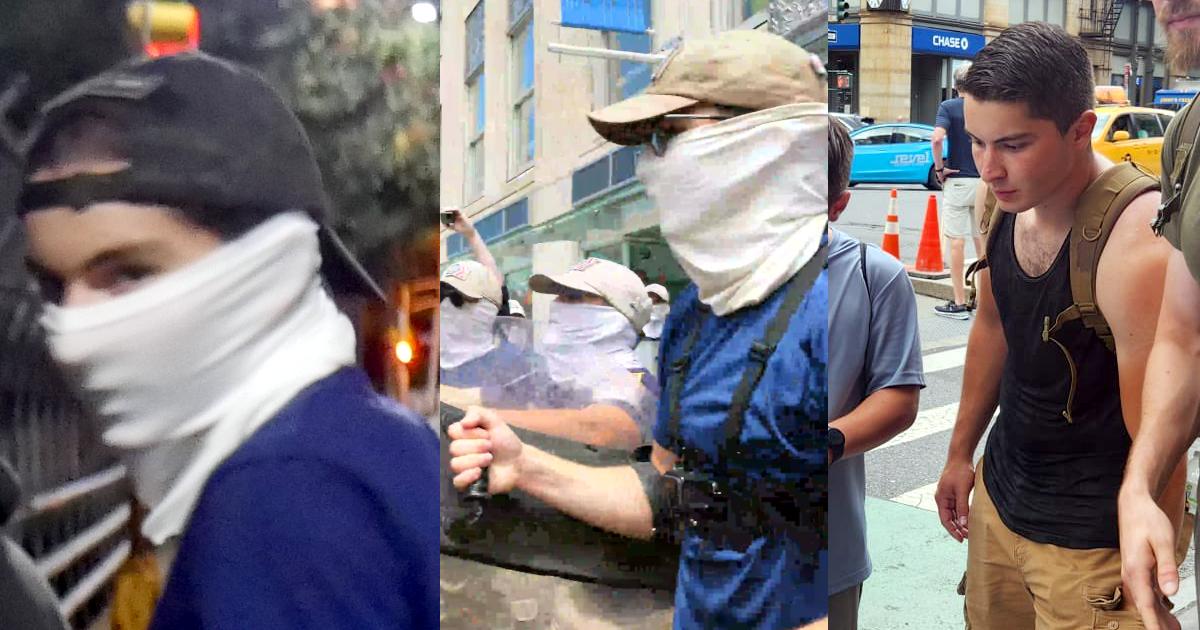 A triptych of images of a man believed to be Jake Hayden (a white man with short dark hair, of slender build, and sporting notable eyebrows), of Brockton MA at various points in his life. The first is a screenshot of a leaked video taken during a Patriot Front banner-drop in Braintree MA during October 2021. Captured from shoulders up, a man wearing a navy blue t-shirt, a white half-face gaiter, and a black baseball cap worn backwards, looks sideways at the camera. The second is a screenshot of a video taken during Patriot Front's march through Boston MA during July 2022, shot during the assault of local black musician Charles Murrell III. The screenshot depicts a white man of slender build wearing khaki pants, a navy blue t-shirt under a GoPro harness, a white half-face gaiter, a tan baseball cap with a Patriot Front flag patch on the back and an "In God We Trust" patch on the back, and aviator sunglasses. He carries a transparent and circular riot shield on his right arm. His body faces to the left, as he looks at other Patriot Front members assaulting Murrell with their metal shields offscreen. The third is a photo taken of someone highly likely to be Jake Hayden, taken during a Patriot Front stickering campaign through New York City September 2024. He wears khaki cargo shirts, a loose black tank-top, a tactical backpack in dark tan. There is nothing covering his face. He bears a strong resemblance to the man in the screenshot from Braintree during 2021.